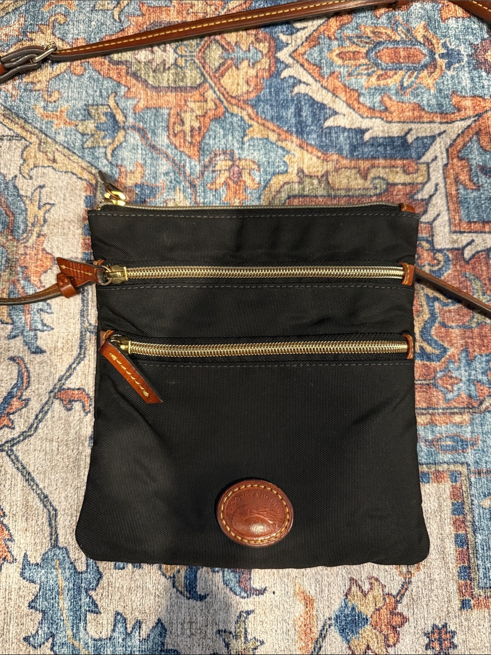 Dooney & Bourke Black Nylon Crossbody with Brown Leather Trim and Gold Hardware